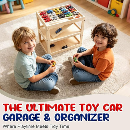 3-Tier Wooden Car Garage Display & Racetrack – Holds 40+ Diecast Cars, Natural Wood, Personalized Nameplate