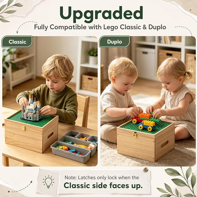 2-in-1 Wooden Building Block Storage Box with Sorting Trays