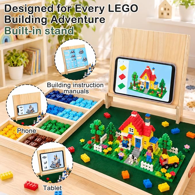 Wooden Building Tray with Felt Mat & Sorting Compartments
