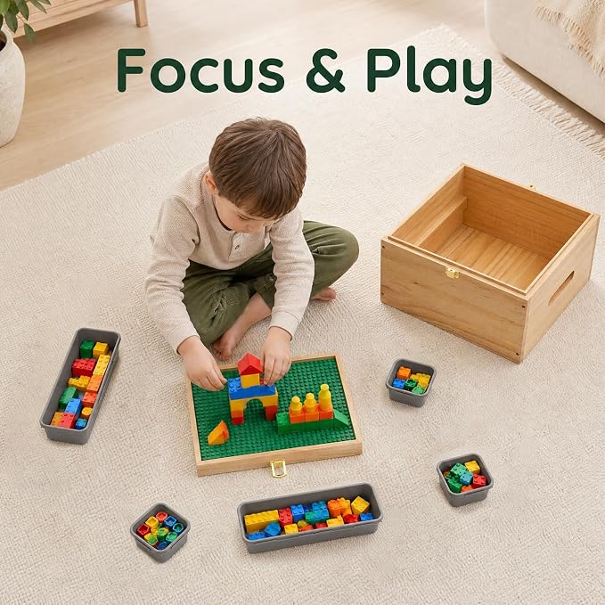 2-in-1 Wooden Building Block Storage Box with Sorting Trays