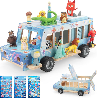 Compatible with Tonies Wooden Ocean Car Shelf – Rolling Display, Holds 15–25 Figures, Includes 35 Metal Plates + 3 Stickers