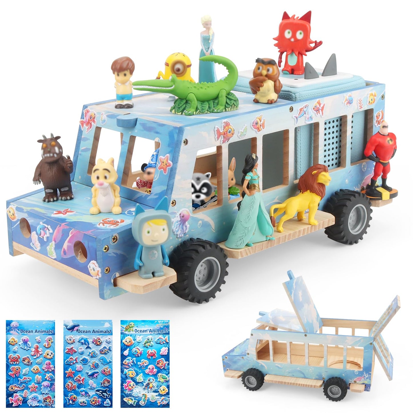 Compatible with Tonies Wooden Ocean Car Shelf – Rolling Display, Holds 15–25 Figures, Includes 35 Metal Plates + 3 Stickers